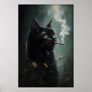 Rökande svart katt blomster affisch, Mörk Akademi Poster