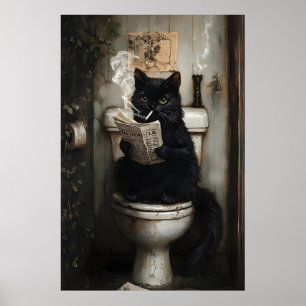 Rökande svart katt som läser tidning på toaletten poster