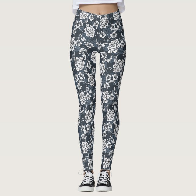 Rökblått Grått Blommigt Kvinnors beniggar Leggings (Framsida)