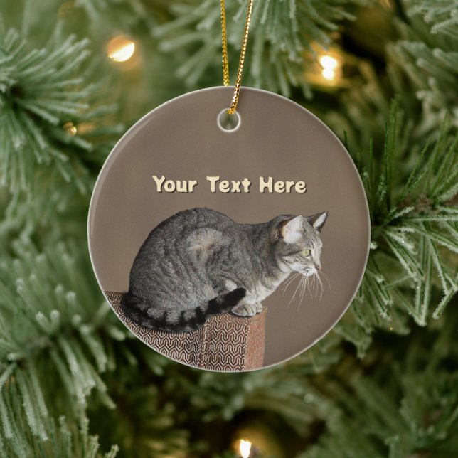 Rökgrå randig katt julgransprydnad keramik (Träd)