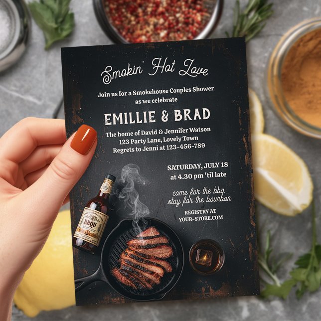Rökhet kärlek BBQ Smokehouse Par Bröllopsdusch Inbjudningar (Smokehouse & Bourbon invite - from Couples Shower Invitation collection by Darling & May)
