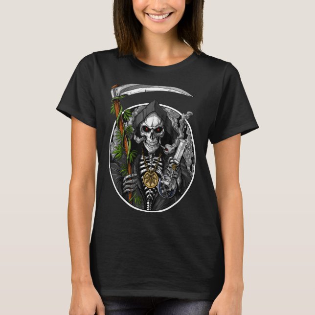 Rökning av grim i Ogräs Rökskalet Skeleton T Shirt (Framsida)