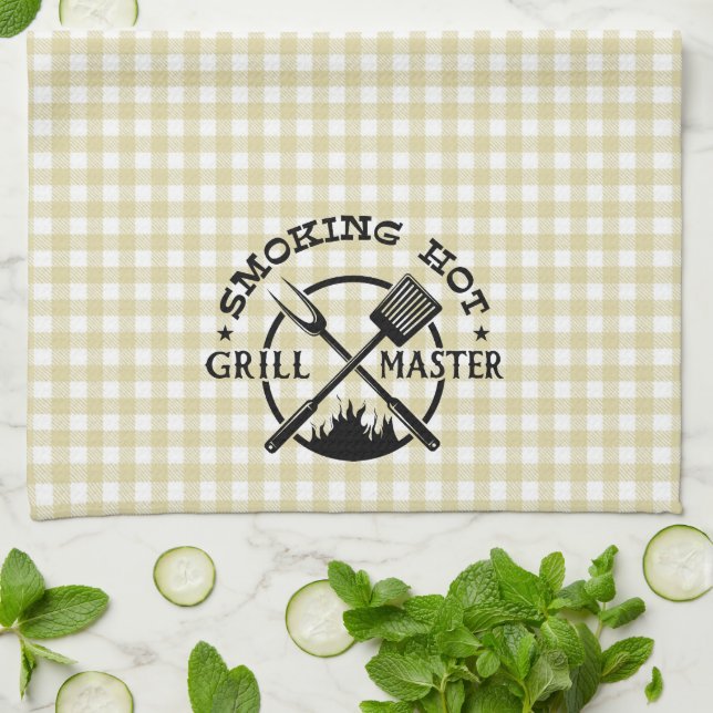 Rökning av Hett Grillmaster Tan Gingham Check Kökshandduk (Vikta)