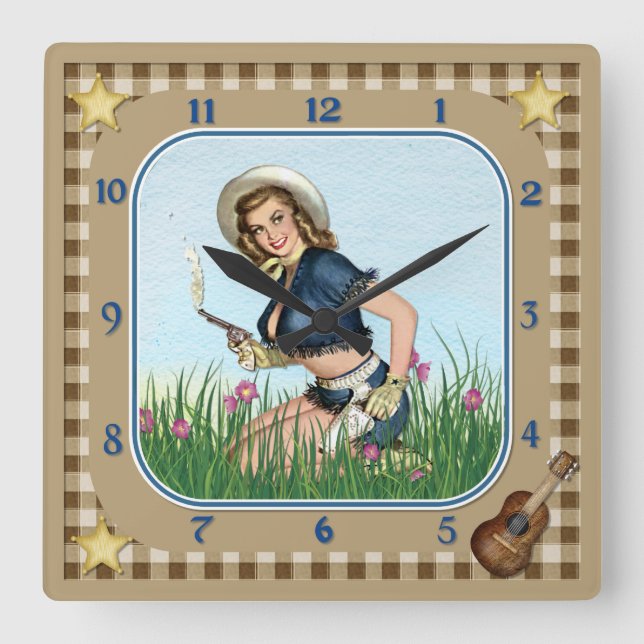 Rökning Pistol Pin Up Cowgirl Clock Fyrkantig Klocka (Framsida)