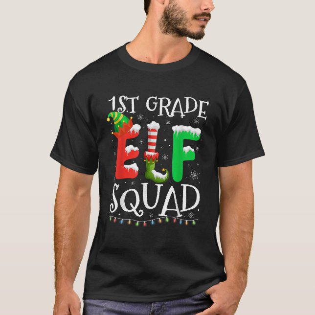 Rolig 1:a klass Elfsquadron Lärare Elev jul T Shirt (Framsida)