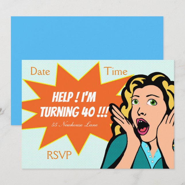 Rolig 40th födelsedagsfest för popkonst inbjudningar (Fram/baksida)