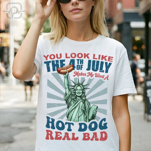 Rolig 4:e juli Lady Liberty Hot Dog Patriotisk T Shirt