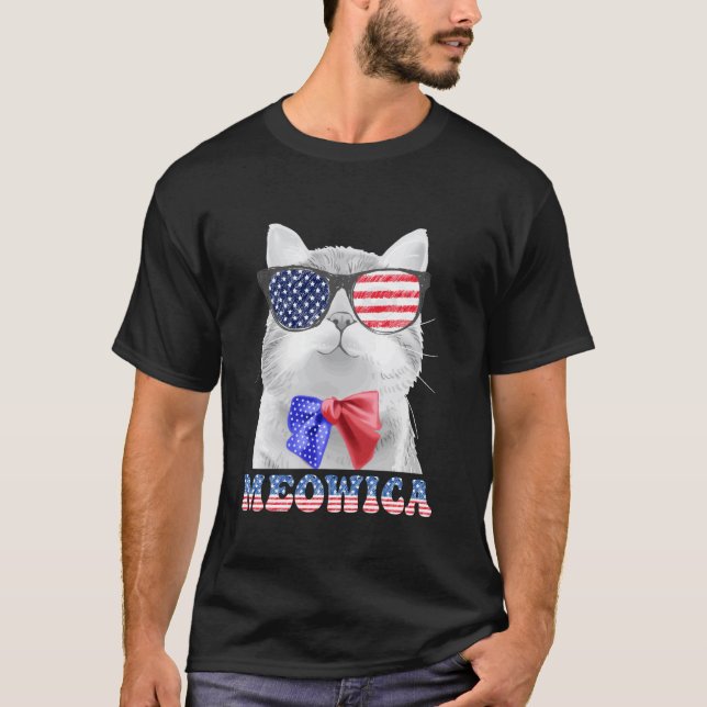Rolig 4:e Juli Meowica Katt Solglasögon USA Ameri T Shirt (Framsida)