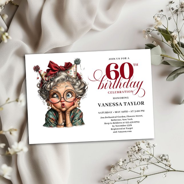 Rolig 60-års födelsedagsinbjudan Partymall Inbjudningar (Funny Lady 60th Birthday Invite Party Template)