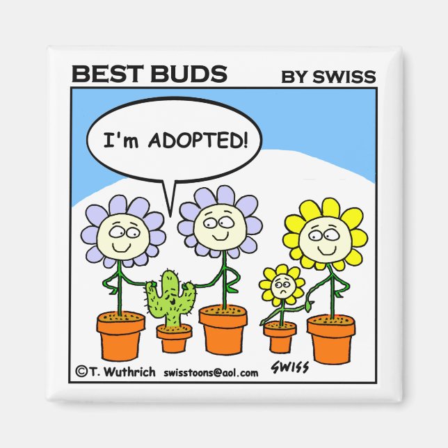 Rolig adoptiv- kaktus- och blommatecknadadoption magnet (Framsidan)