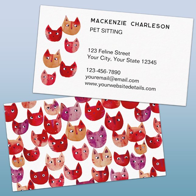 Rolig Affärsbricka för Kattvakt Visitkort (Fun watercolor kitty cat pet sitting custom business cards)