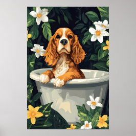 Rolig affisch med engelsk cocker spaniel i badkar