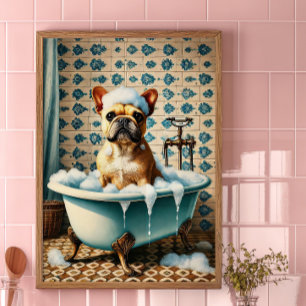 Rolig affisch med fransk bulldog i badet för vinta