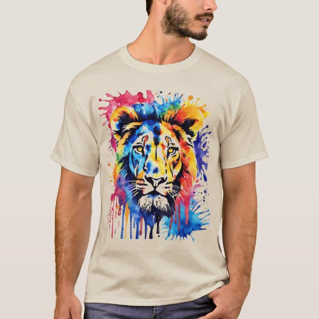 Rolig akvarell färgrik lejon t shirt (Framsida)