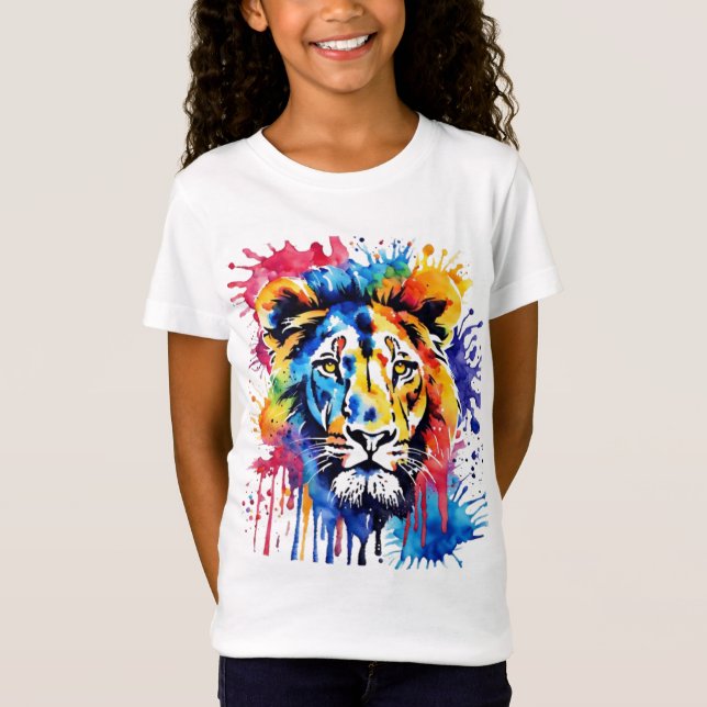 Rolig akvarell färgrik lejon t shirt (Framsida)