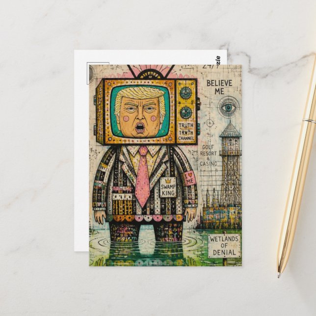 Rolig Alger Sumpmark Antitrump Mixed Media Collage Vykort (Fram/Back In Situ)