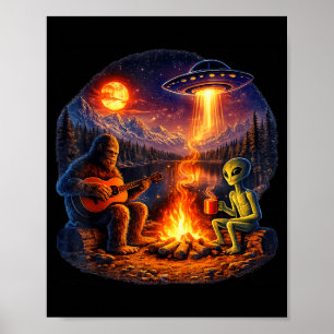 Rolig Alien och Bigfoot Lägger Eld Måne UFO Poster