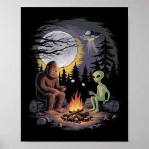 Rolig Alien Och Bigfoot Vandrande Mån Sasquatch UF Poster