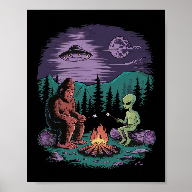 Rolig Alien Och Bigfoot Vandring Måne Sasquatch Uf Poster (Framsidan)