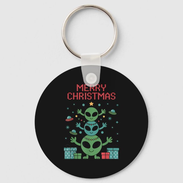 Rolig Alien Trio Glad Ful Jul Santa Hatt Xm Nyckelring (Framsida)