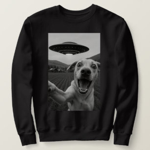 Rolig Alien UFO Hund Selfie - Cool Cat & Space UFO Lång Ärmad Tröja