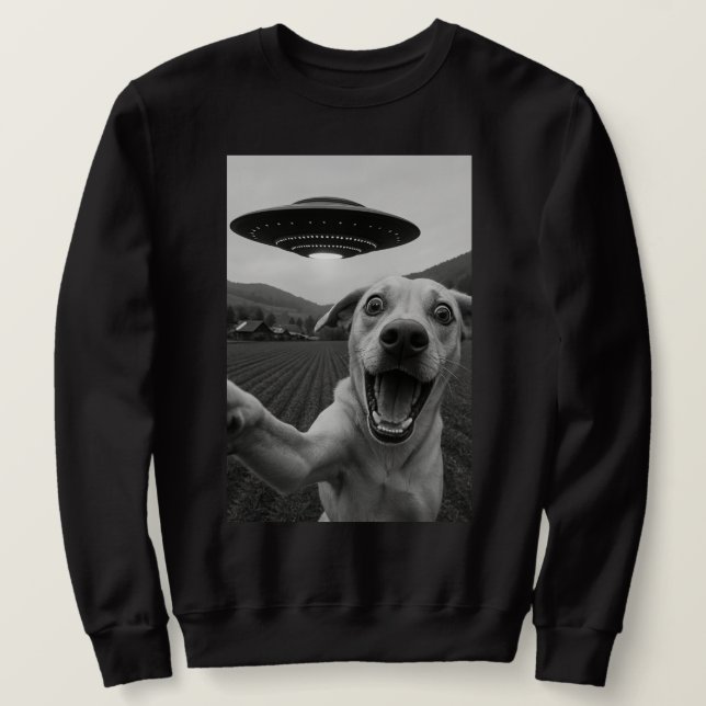 Rolig Alien UFO Hund Selfie - Cool Cat & Space UFO Lång Ärmad Tröja (Design framsida)