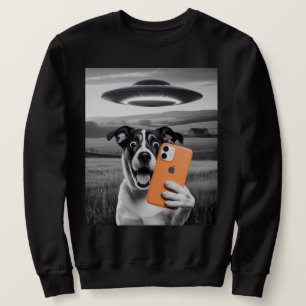 Rolig Alien UFO Hund Selfie - Cool Cat & Space UFO Lång Ärmad Tröja