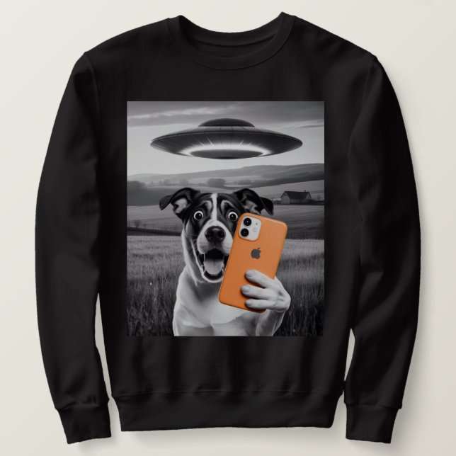 Rolig Alien UFO Hund Selfie - Cool Cat & Space UFO Lång Ärmad Tröja (Design framsida)