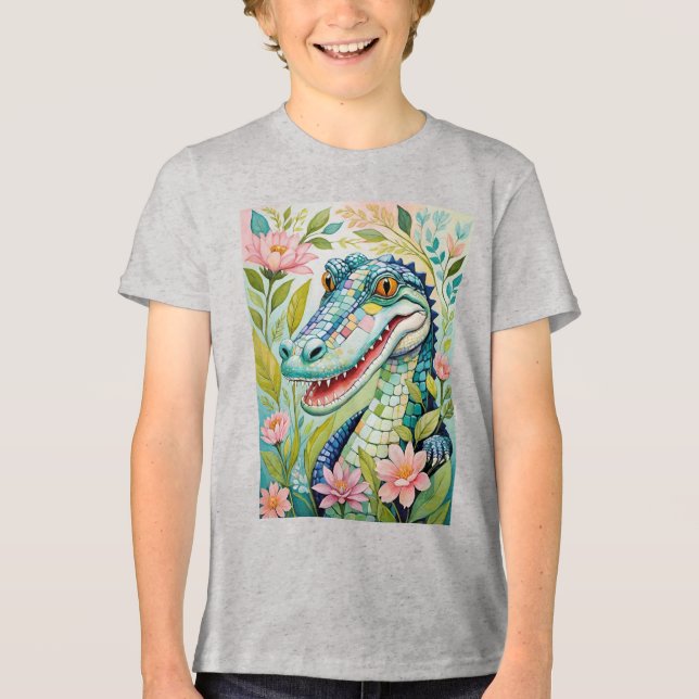 Rolig Alligator Blommig Moasik T Shirt (Framsida)