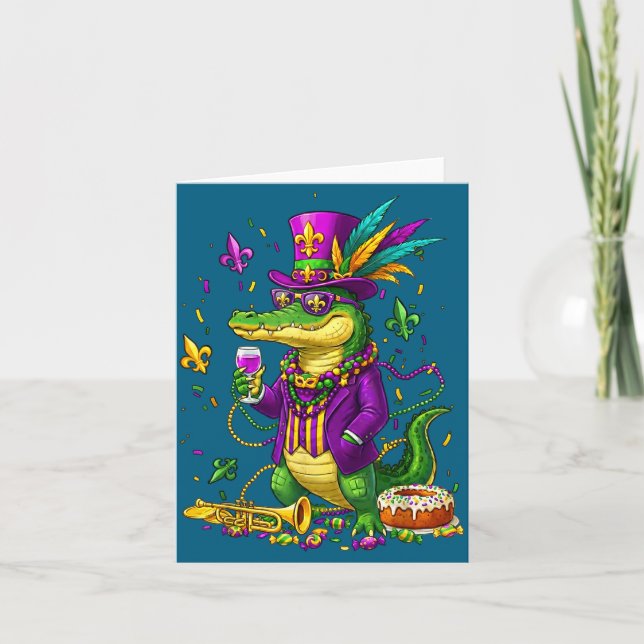 Rolig Alligator Mardi Gras-pärlor Narren Kort (Framsida)