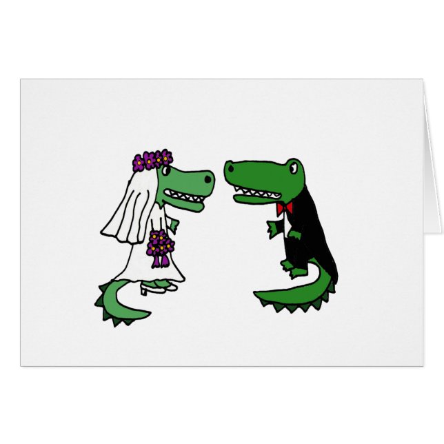 Rolig alligatorbrud och brudgumtecknad hälsningskort (Framsidan Horizontal)