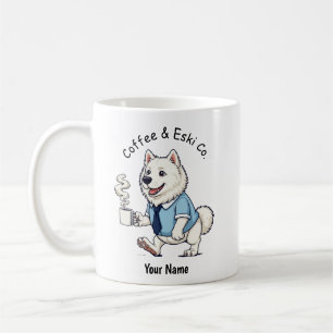Rolig amerikansk eskimo hund affärskostym kaffe kaffemugg