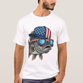 Rolig amerikansk stor fisk som bär flaggmössa fisk t shirt