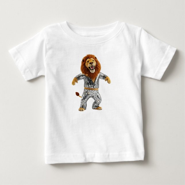 Rolig antropomorf lejon i silverglittrande disco  t shirt (Framsida)