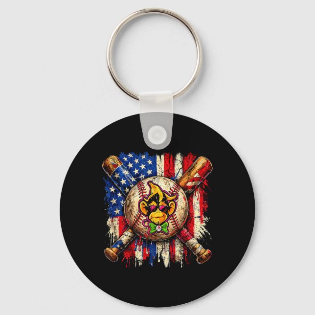 Rolig apa basebollmaskot med amerikansk flagg nyckelring (Framsida)