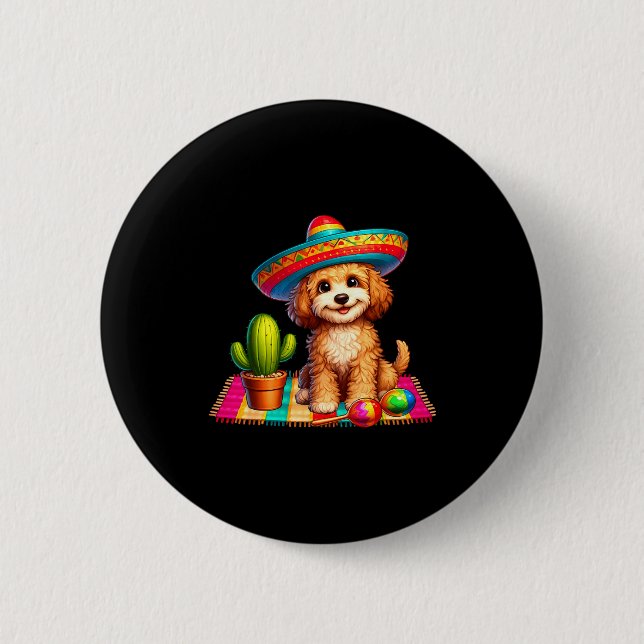 Rolig Apoo Hund Loger Cinco De Mayo Sombrero Kaktu Knapp (Framsida)