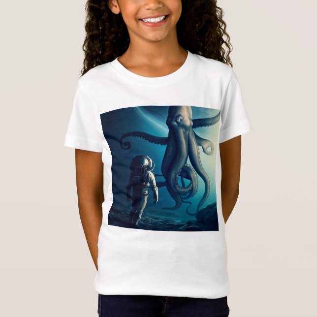 Rolig astronaut och jättebläckfisk t shirt (Framsida)