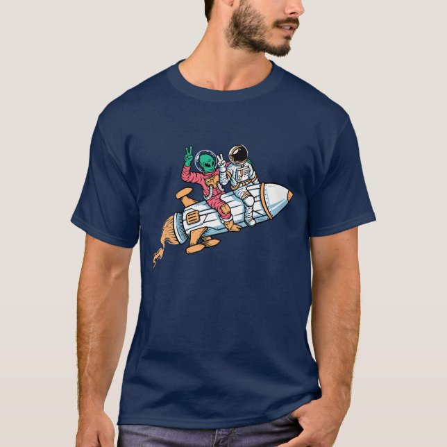 Rolig Astronaut Utomjording Raket Grafisk T-shirt  (Framsida)