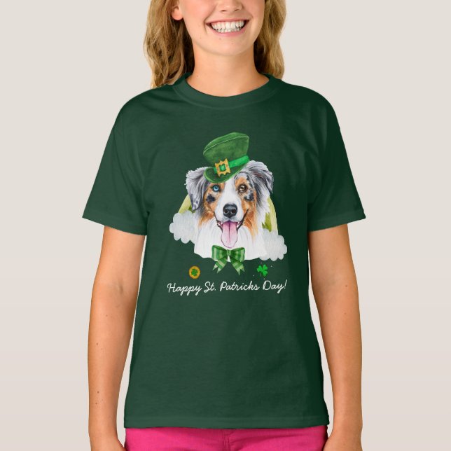 Rolig australian shepherd guld St. Patricks Day T Shirt (Framsida)
