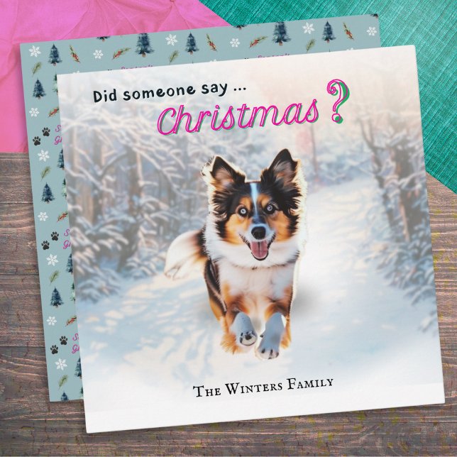 Rolig australisk herdehund i snö julkort (A Christmas card with joyful-looking Australian Shepherd dog running through snow)