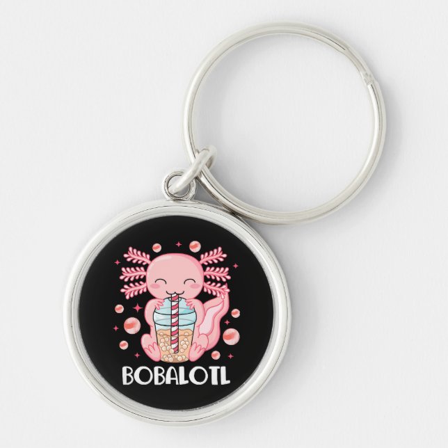 Rolig Axolotl Bubble Tea Rund Silverfärgad Nyckelring (Framsidan)