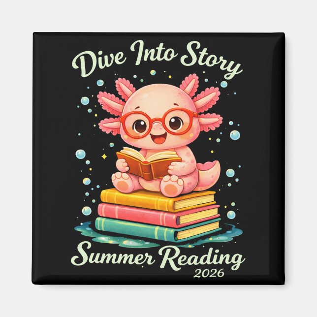 Rolig axolotl dyker in i sommarläsningsberättelse  magnet (Framsidan)