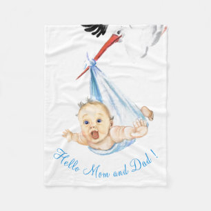 Rolig babyfilt med stork som bär bebis fleecefilt
