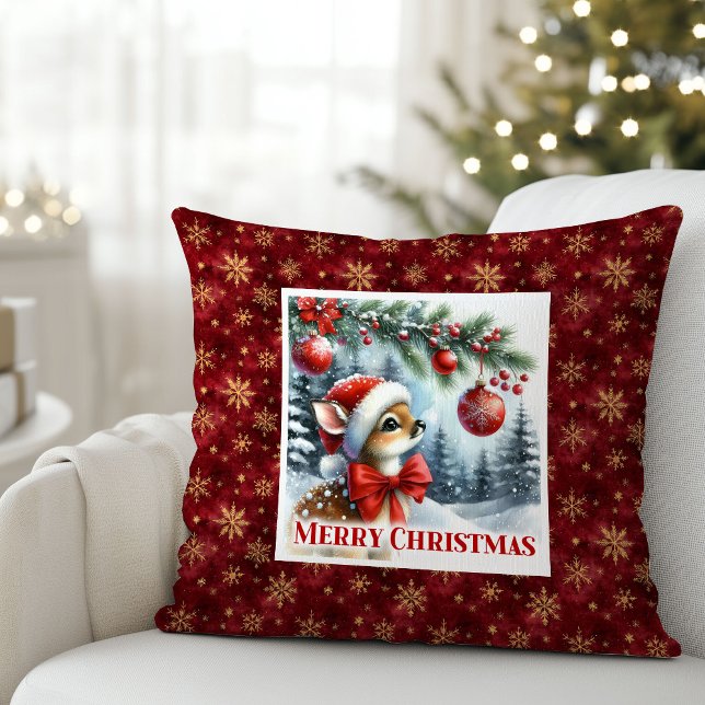 Rolig Babyhjort Snöig Skog Barnpresent Jul  Kudde (Funny Baby Deer Snowy Forest Kids Gift Christmas Pillow

)