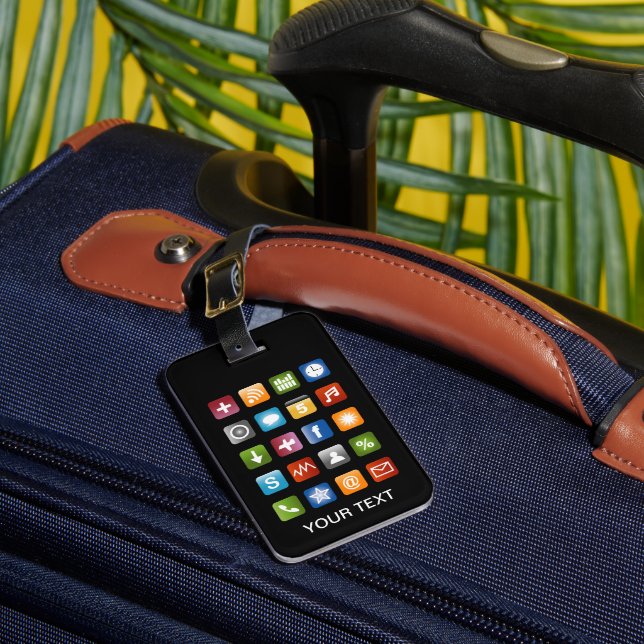 Rolig bagagetikett med smartphone-appikoner bagagebricka (Framsida Insitu 1)