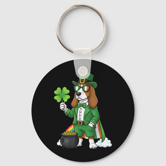 Rolig Basset Hound Leprechaun St Patricks Day Nyckelring (Framsida)