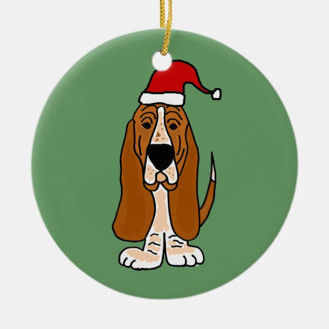Rolig Bassethund i konst för Santa hattjul Julgransprydnad Keramik (Framsidan)