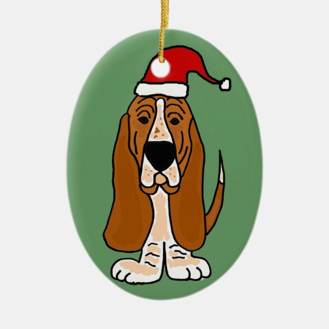 Rolig Bassethund i konst för Santa hattjul Julgransprydnad Keramik (Framsidan)
