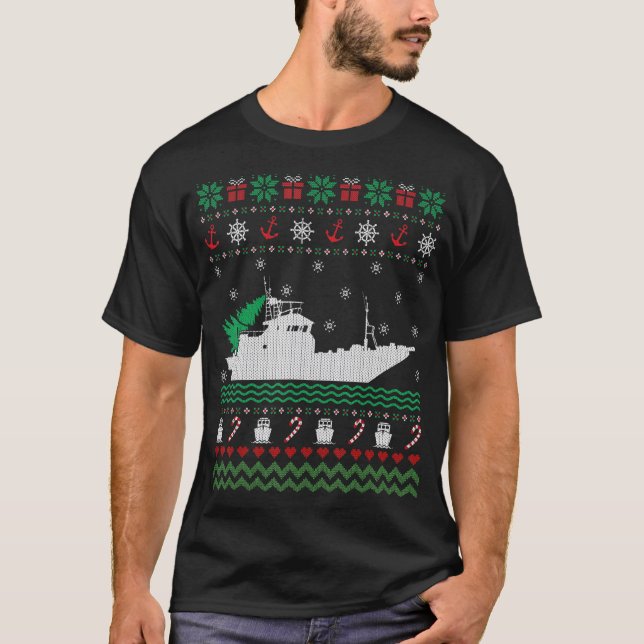 Rolig båt ful jultröja för fiskare t shirt (Framsida)
