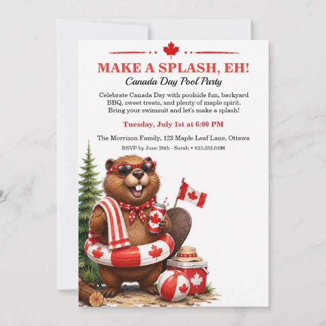 Rolig Bäver Canada Day Poolparty Inbjudan (Framsida)